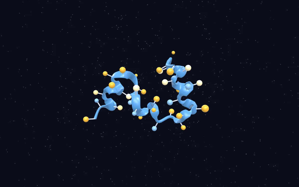 VisuApp protein folding: a blue protein chain with side groups on a dark background